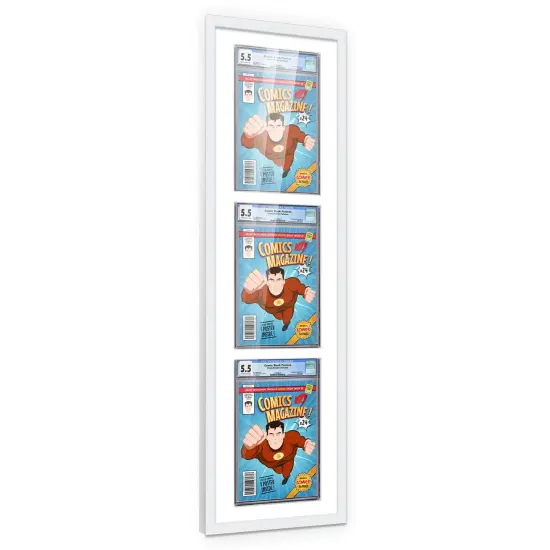 Comic Book Frame with Mat for 3 Graded Comics - White Wood Comic Frame With White Mat for 8.125x13 Comics - 11.75x43.5 Frame Size {7}