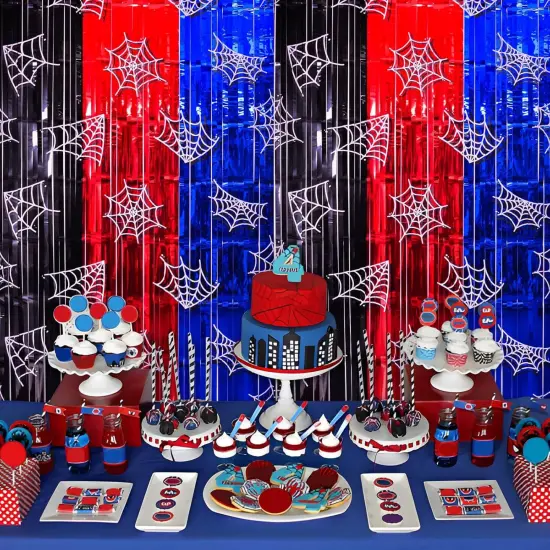 Spider Web Birthday Decorations, 2 Pack Spider Party Supplies 3.3x6.6ft Tinsel Foil Fringe Curtains, Red Black, and Blue Photo Booth Prop Backdrop Streamer, Birthday Decor, Party Decor for Boys {3}
