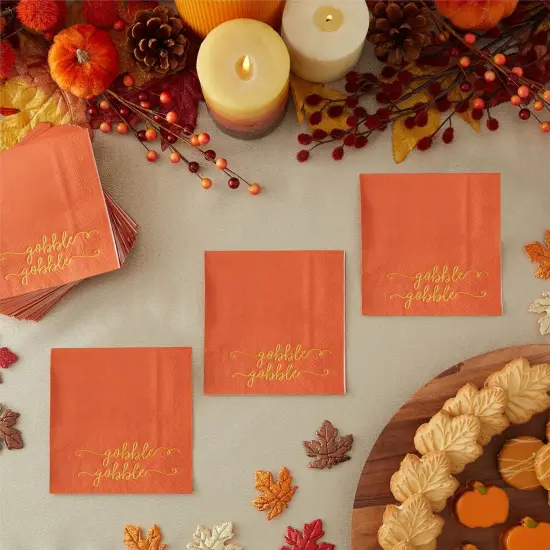 50 Pack Thanksgiving Cocktail Napkins Party Supplies Table Decorations, Gobble Gobble (5 x 5 In) Orange {3}