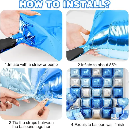Blue Silver Square Foil Balloon Wall,25Pcs Double Sided Balloon Backdrop Helium Mylar Balloon Tunnel Arch Garland Kit for Birthday Bridal Anniversary Baby Shower Party Decorations {3}