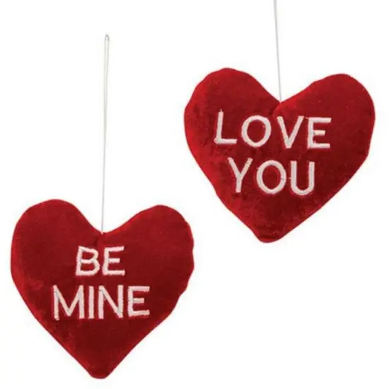 2 Asstd. Red Velvet Heart Ornament, Embroidered "BE MINE" & "LOVE YOU" {1}
