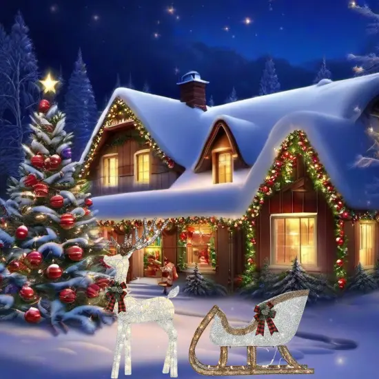 Silver Cotton Thread Deer and Sleigh Set 48" Deer & 38" Sleigh Decor {1}