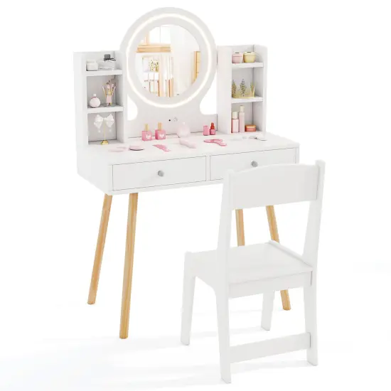 MDF and Pine Wood Kids Vanity Set with LED Mirror, Storage and Chair Pink {7}