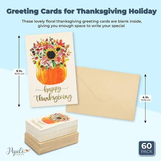 Happy Thanksgiving Greeting Cards, Floral Pumpkin (4 x 6 In, 60 Pack) Multicolor {2}