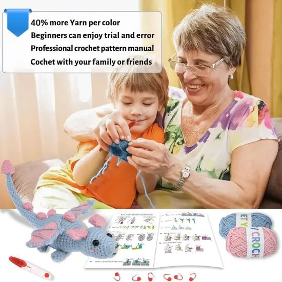 Crochet Kit for Beginners, Learn to Crochet Animals - Easy Crochet Starter Kit Gift for Kids and Adults, Lovely Gray Dragon (40%+ Yarn Content) {4}