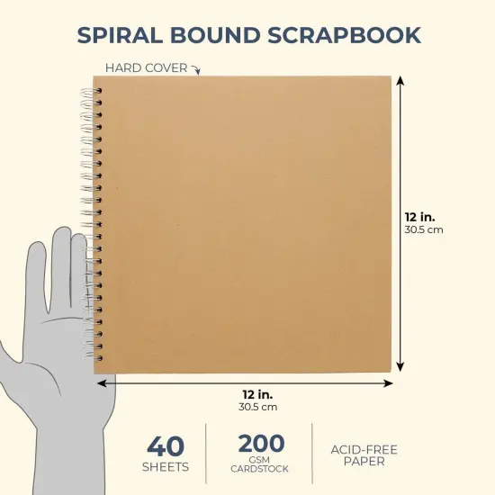 12x12 Scrapbook Album Hardcover (Blank), Kraft Paper Material Spiral Bound Sketchbook for Drawing, Writing, Arts and Crafts Projects, Home, Office, School (40 Sheets Total) Brown {5}