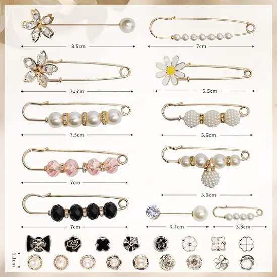 32 Pcs Pearl Brooch Safety Pins for Clothes Dress Jeans Skirt Pants Faux Pearl Rhinestones Sock Charms Pins for Women Waist Decoration Tightener Safety Pins {2}