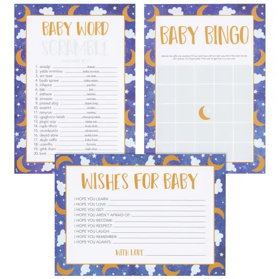 Set of 5 Baby Shower Games for 50 Guests, Over The Moon, Twinkle Twinkle Little Star Bingo (251 Total Pieces) {6}