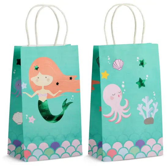24 Pack Mermaid Gift Bags with Handles for Party Favors, Goodies, Treats (5.3 x 3.2 x 9 In) Multicolor {7}