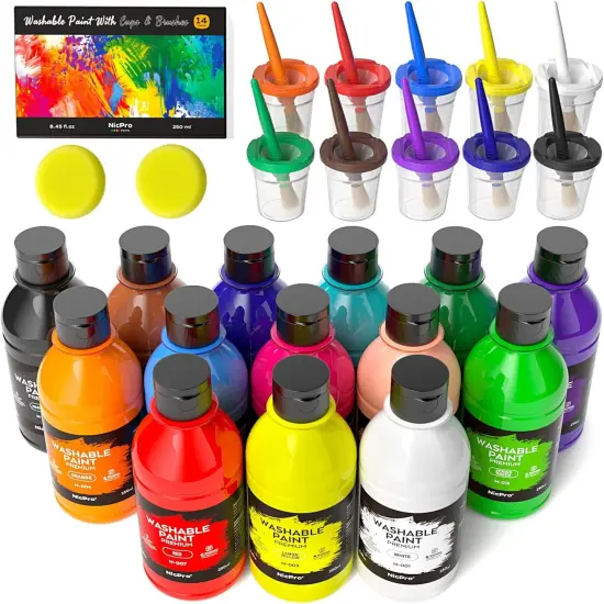 14 Colors Large Washable Paint for Kids 8.45oz/250ml, Non Toxic Children Tempera Finger Paints with Paint Brushes, Cups and Sponge {1}