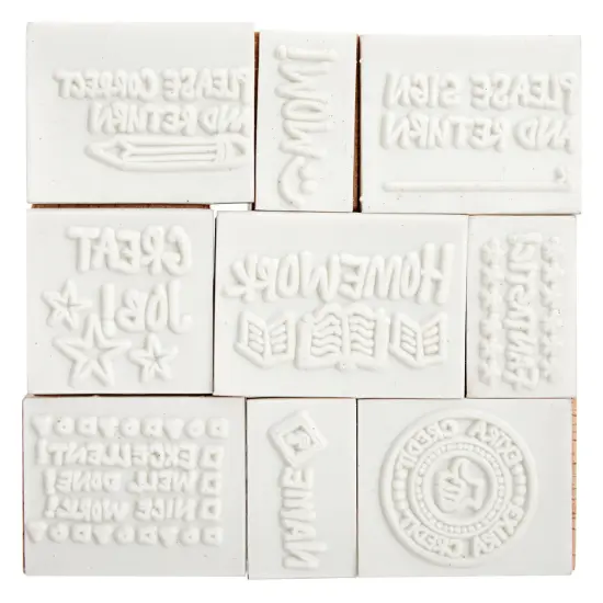 9 Piece Set of Wooden Rubber Teacher Stamps - Classroom Supplies for Grading Homework (Assorted Sizes) Brown {7}