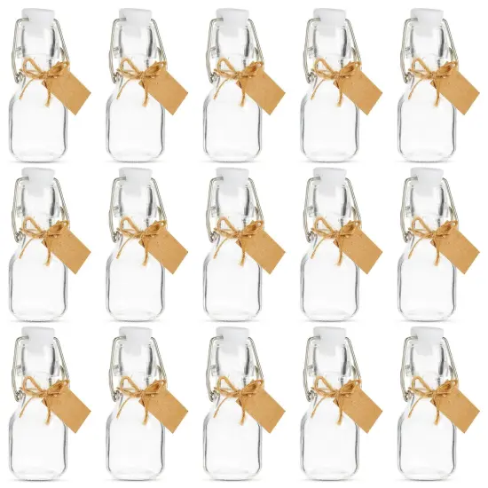 15 Pack Small Swing Top Glass Bottles with Lids, 2 oz/ 60 ml with Tags and Jute Twine for Wedding Party Favors Clear {1}