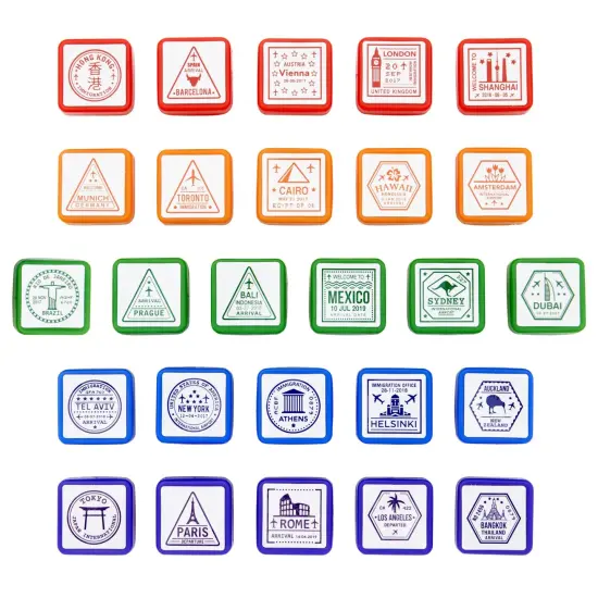 Passport Stamps, City and Country Stamp Set (1 x 1 in, 26 Pieces) Multicolor {1}