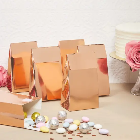 Rose Gold Party Favor Gift Bags, Goodie Boxes with Adhesive Stickers (24 Pack) Pink {2}