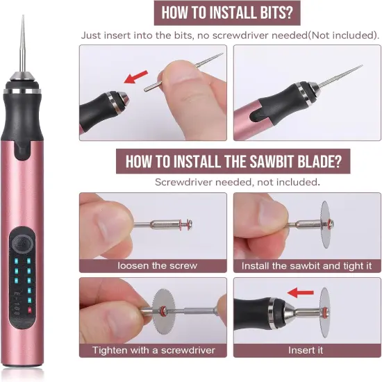 Electric Engraving Pen with 37 Bits, USB Rechargeable Cordless Engraving Machine, Portable DIY Rotary Engraver for Jewelry Wood Glass Stone Carving (Rose red) {4}