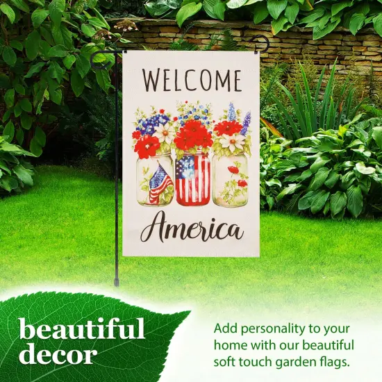G128 Combo Pack Garden Flag Stand Black 36x16IN & Garden Flag Welcome America Mason Jars Printed 12x18IN Double Sided Yard Garden Lawn Decoration {6}