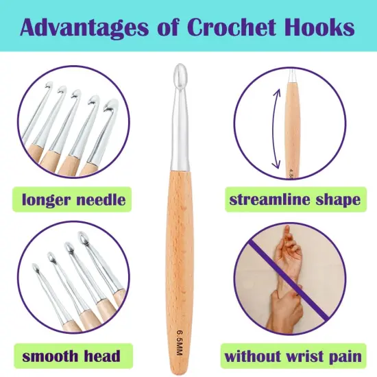 Beech Wood Crochet Hooks 3.0mm~6.5mm, Ergonomic Crochet Hooks Set with Roll Felt Case {2}