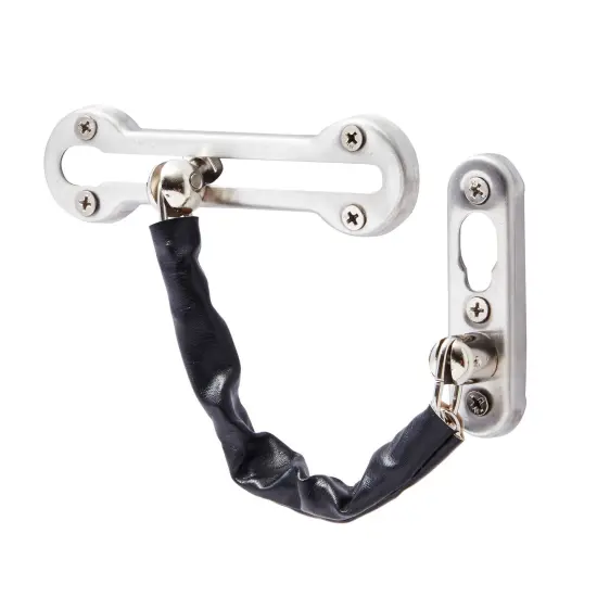 3-Pack Stainless Steel Chain Door Lock with Faux Leather Chain Sleeve, 7.2-Inch Slide-Type Safety Chain Locks for Inside Door, Single-Hung and Double-Hung Windows (Satin Nickel) Silver {5}