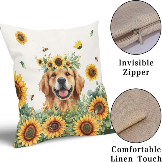 Sunshine Dog Pillow Covers 18x18in Set of 2 Yellow Sunflower Golden Retriever Puppy Throw Pillowcases Summer Bees Floral Cotton Linen Sofa Couch Patio Bedroom Cuchion Cover Decor {3}