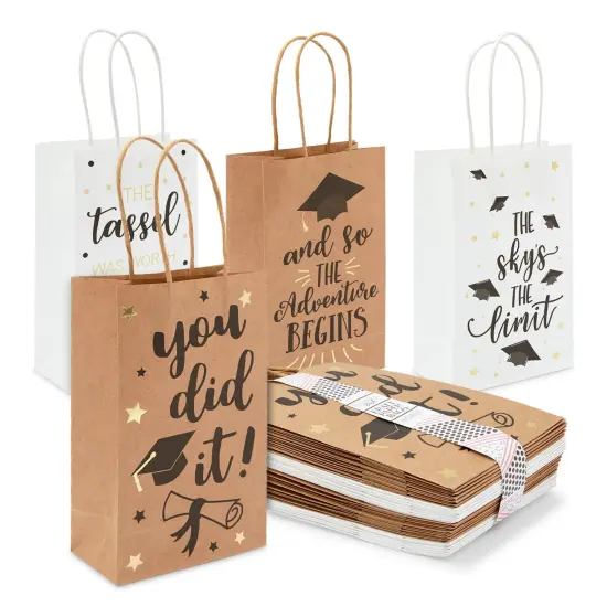 24 Pack Graduation Party Favor Gift Bags with Handles, Class of 2025 Grad Supplies, 4 Designs (9 x 5.3 x 3.1 In) {1}