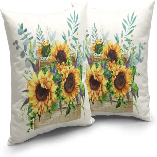 Sunflower Daisy with Purple Floral Throw Pillow Covers Spring Summer Flowers Pillow Case 22x22 Cotton Linen Square Farmhouse Cushion Case for Living Room {2}
