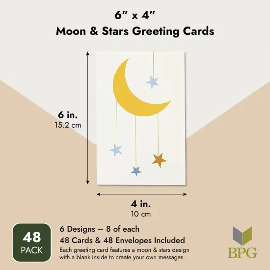 48 Pack Moon and Stars Greeting Cards with Envelopes for All Occasions, Blank 4x6 Thank You Note Cards for Baby Shower (6 Designs) Multicolor {4}