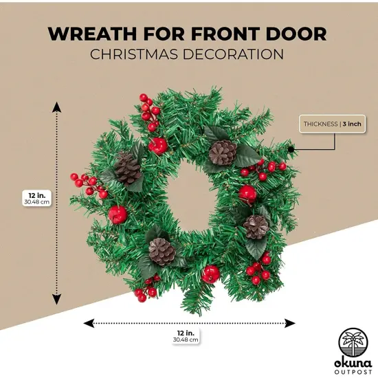 Christmas Wreath for Front Door, Indoor Outdoor Holiday Decorations (12 in) Green {2}