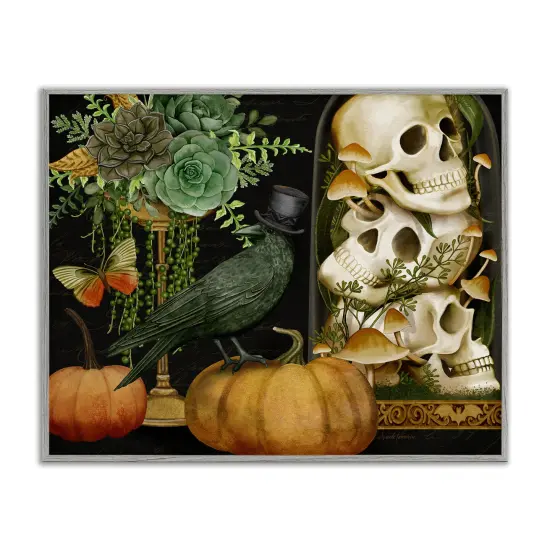 Crow & Skulls Academia Framed Giclee Art Gray {1}