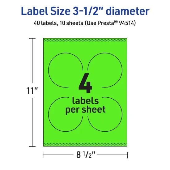 Avery Neon Green Paper Labels, 3.5" Diameter Round {5}