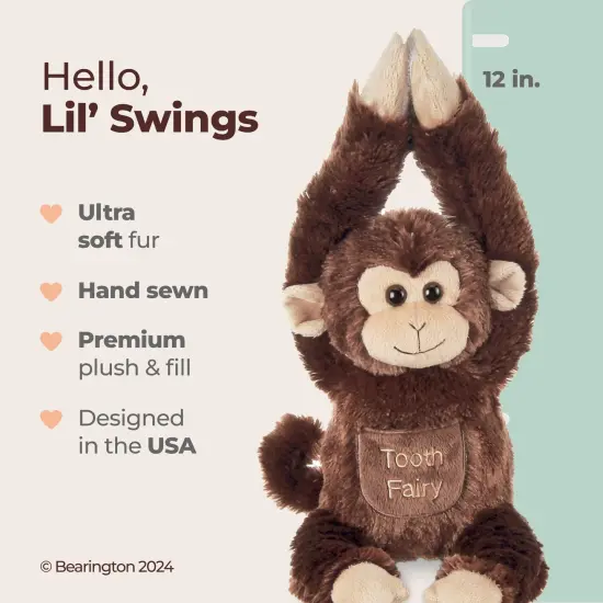 Bearington 12 In Tooth Fairy Door Hanger Stuffed Animal, Lil' Swings Monkey Tooth Holder, Fairy Doll with Pocket Pouch, For Ages 1-14 Brown {2}