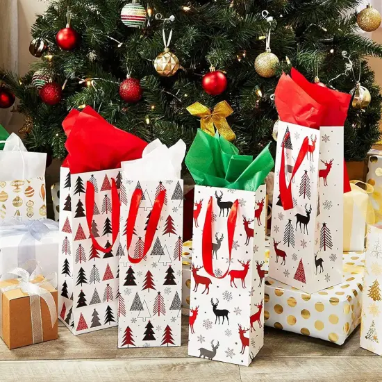 Bright Creations 12 Pack Christmas Wine Gift Bags with Tissue Paper Wrapping, 4 Reindeer Xmas Tree Designs for Home Party Holiday Supplies, Fun and Festive Christmas Packaging (5 x 13.6 x 4 in) Multicolor {2}