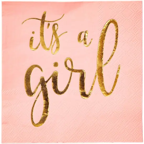 50 Pack It's a Girl Napkins for Baby Shower, Gold Foil Party Supplies (3 Ply, 5x5 In) Pink {3}