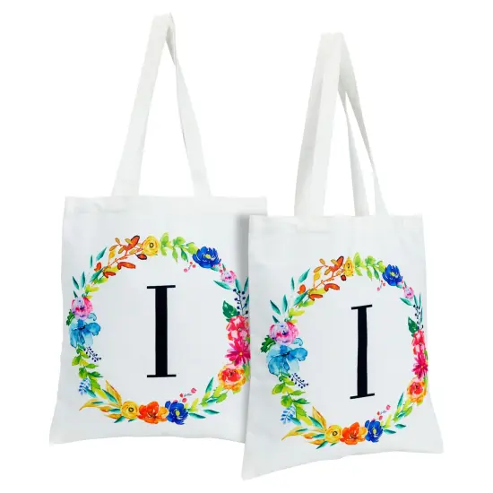 Set of 2 Reusable Monogram Letter I Personalized Canvas Tote Bags for Women, Floral Design (29 Inches) White {1}