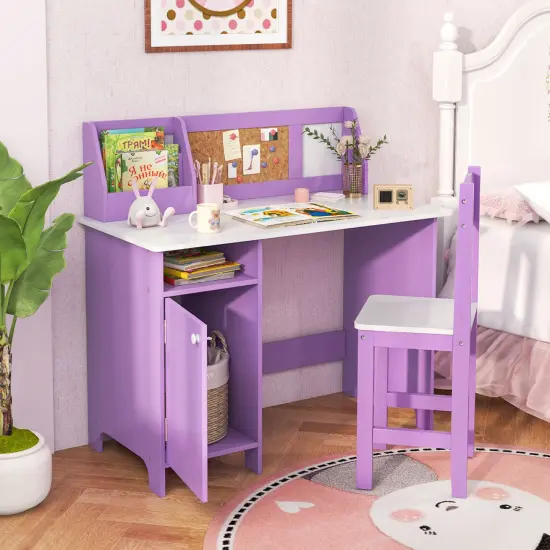 Costway Kids Study Desk with Chair, Whiteboard, Marker, Hutch, Storage Cabinet Purple/White {4}