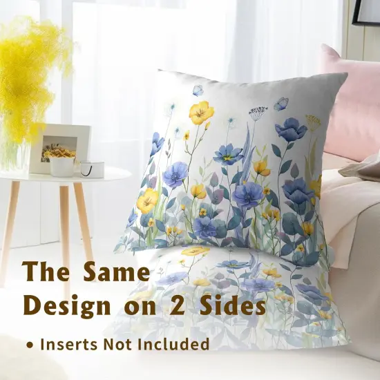 Blue Yellow Flowers Pillow Covers 18x18 Inch Set of 2, Poppy Floral Square Cushion Covers Spring Summer Seasonal Decor Pillowcase for Living Room Sofa Bedroom {4}