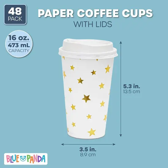 48 Pack Disposable 16oz Coffee Cups with Lids, Paper To Go Coffee Cups for Themed Birthday Party, Wedding, Baby Shower (Foil Stars) White {5}
