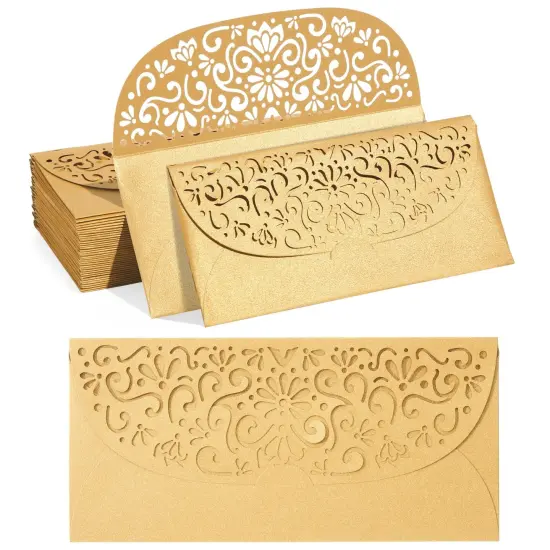 Gold Money Envelopes for Cash Gifts, Laser Cut Holders for Currency for Wedding, Birthday (6.8x3.3 In, 36 Pack) {1}