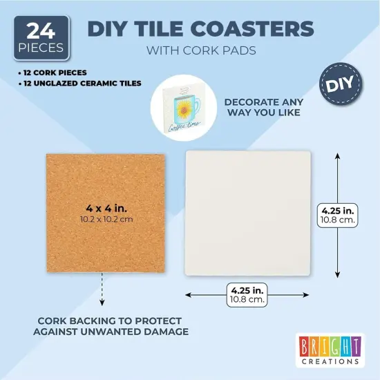 4 Inch Square Ceramic Tiles for Crafts with Cork Backing Pads, 12 Pack of Unglazed White DIY Coasters for Painting {4}