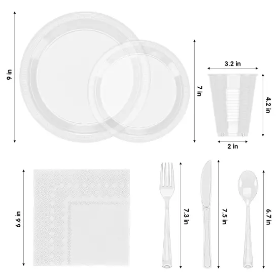Exquisite 182 Pcs Plastic Plates for Party &ndash; Disposable Plates Set &ndash; 26 Each of 9" Dinner Plates, 7" Dessert Plates, Plastic Cups, Napkins & Plastic Cutlery &ndash; Plastic Dinnerware by Party Solids Clear {2}