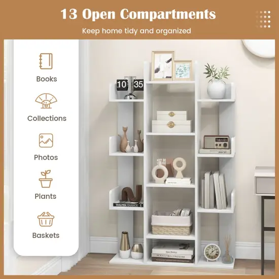 Costway 1/2 PCS Bookshelf Tree-Shaped Bookcase with 13 Storage Shelf Rustic Industrial Style White/Coffee {5}
