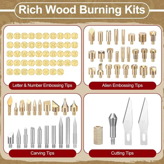 136 Pieces Wood Burning Kit Wood Burning Tools Set Wood Burner Tips Adjustable Temperature Pen Stencils with Wood Chips for Wood Burner DIY Embossing Carving Crafts {4}