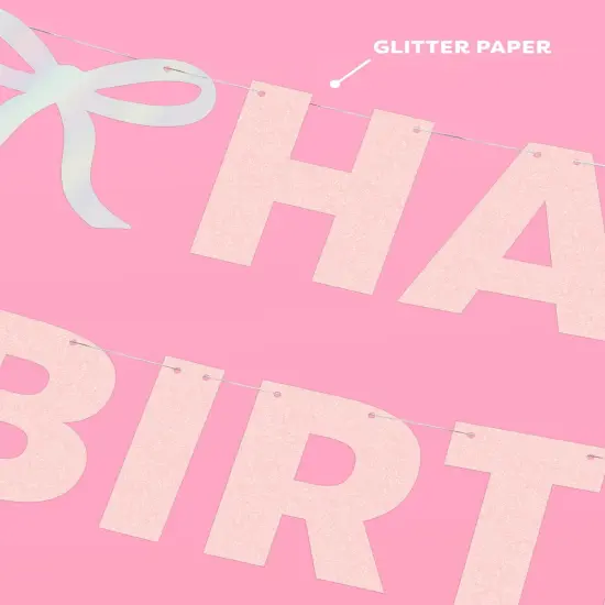Happy Birthday Bow Banner Iridescent Foil + Pink Glitter, 5 Ft. | Birthday Party Decoration, Coquette HBD Decor, 21st Bday Supplies, Photobooth Backdrop {2}