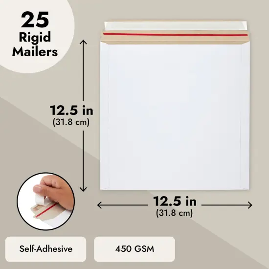 25-Pack Stay Flat Rigid Mailers 12x12 with Self Adhesive Seal, Bulk White Cardboard Envelopes for Shipping Photos, Mailing Calendars, Art Prints, CDs, Documents {5}