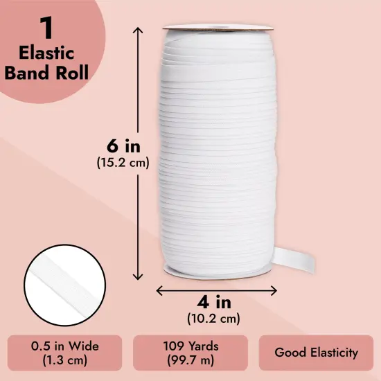 109 Yards White 1/2 Inch Elastic Band for Sewing Clothes, Stretch Knit Bands for DIY Arts and Crafts, Tailoring, Clothing Garment Repair, Kitting Supplies {5}