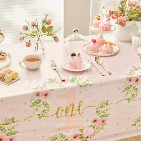 3 Pack Floral Plastic Tablecloth for Baby Girl's 1st Birthday Party Supplies (54 x 108 In) White {2}