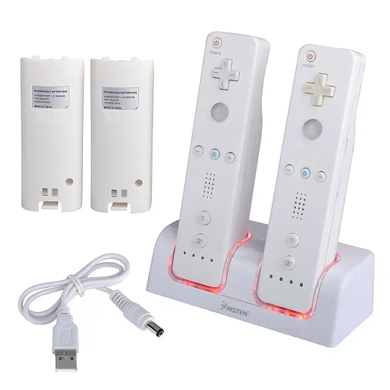 For Nintendo Wii Controller & Wii U Remote - Dual Charger Charging Dock with 2x Rechargeable 2800 mAh Battery, White {1}