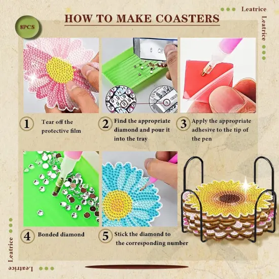 8PCS Flower Diamond Art Coasters Small Diamond Painting Kits for Adults Beginners Women Gem Art Coasters with Holder Funny DIY Crafts for Home Decor {2}