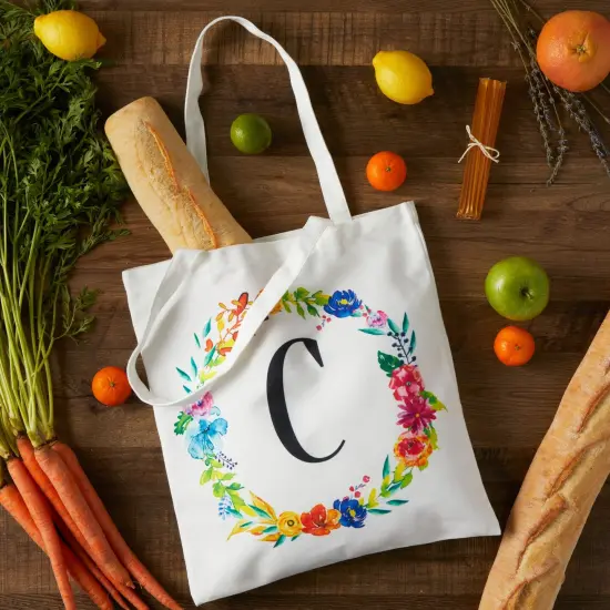 Set of 2 Reusable Monogram Letter C Personalized Canvas Tote Bags for Women, Floral Design (29 Inches) White {2}
