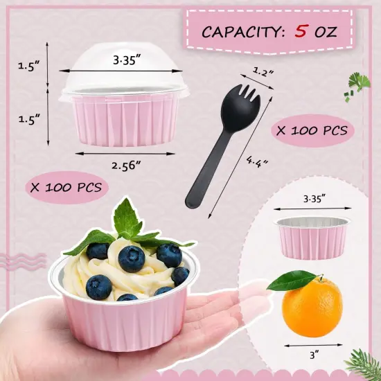 5oz Cupcake Pans with Dome Lids 100 Pack,LNYZQUS Aluminum Foil Small Cake Baking Tin,Disposable Ramekins Cupcake Baking Cups Containers,Mini Pie Pans Muffin Tins Jumbo Cupcake Liners-Pink {3}