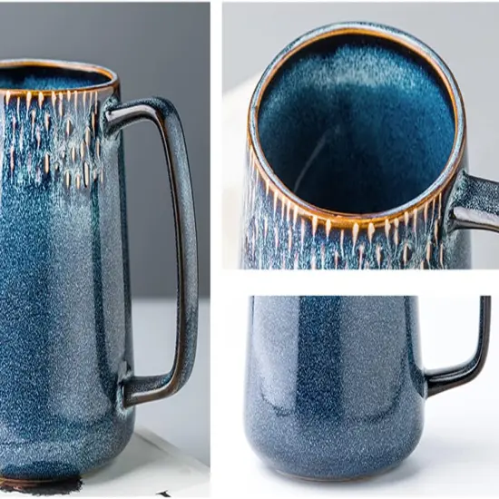 Large Ceramic Coffee Mug, 24 oz Big Tea Cup with Large Handle, Vintage Coffee Cup for Office and Home, Dishwasher and Microwave Safe, Blue {5}